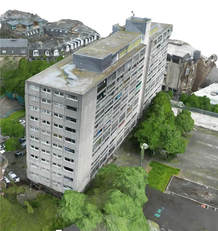 Terrestrial LiDAR point cloud scan of a tower block façade delivered by Kanna Spatial in Glasgow