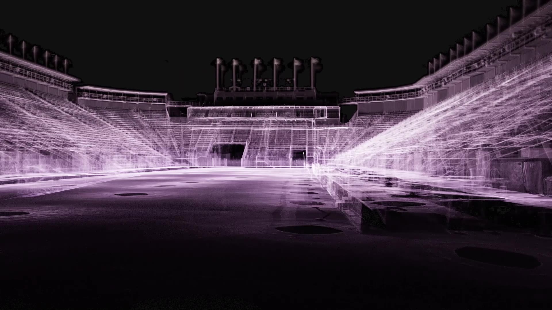 Point cloud fly-through still looking along the Royal Edinburgh Military Tattoo arena towards the Edinburgh Castle gatehouse, with the north and south grandstands either side