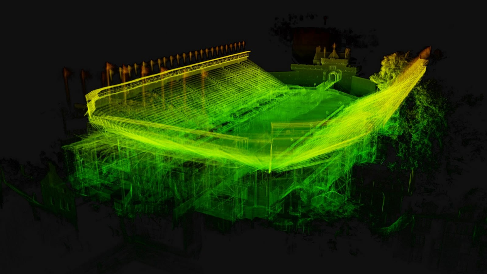 The full Tattoo arena point cloud coloured by elevation, showing the two side stands, the East Stand and the castle gatehouse in a single registered model