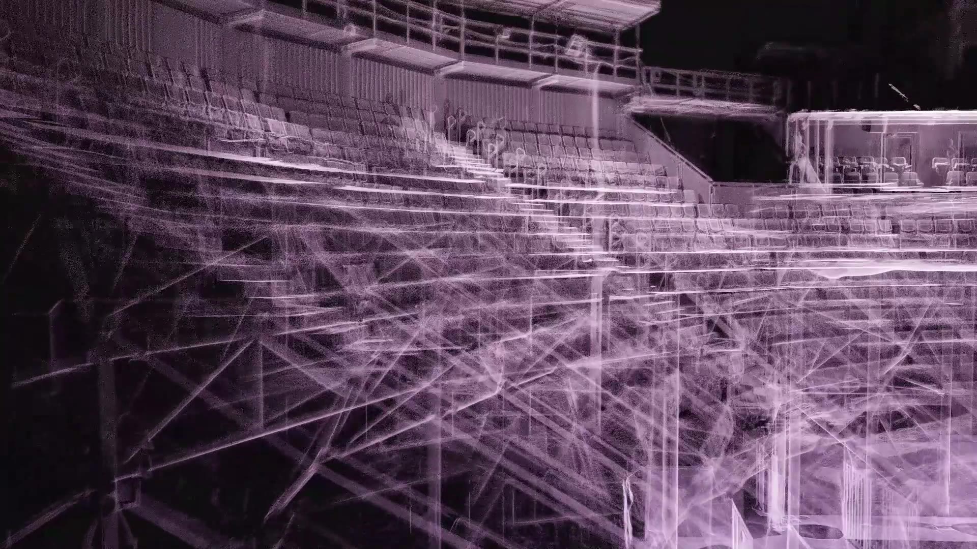 Point cloud of the grandstand seating tiers and scaffold structure, rendered in monochrome