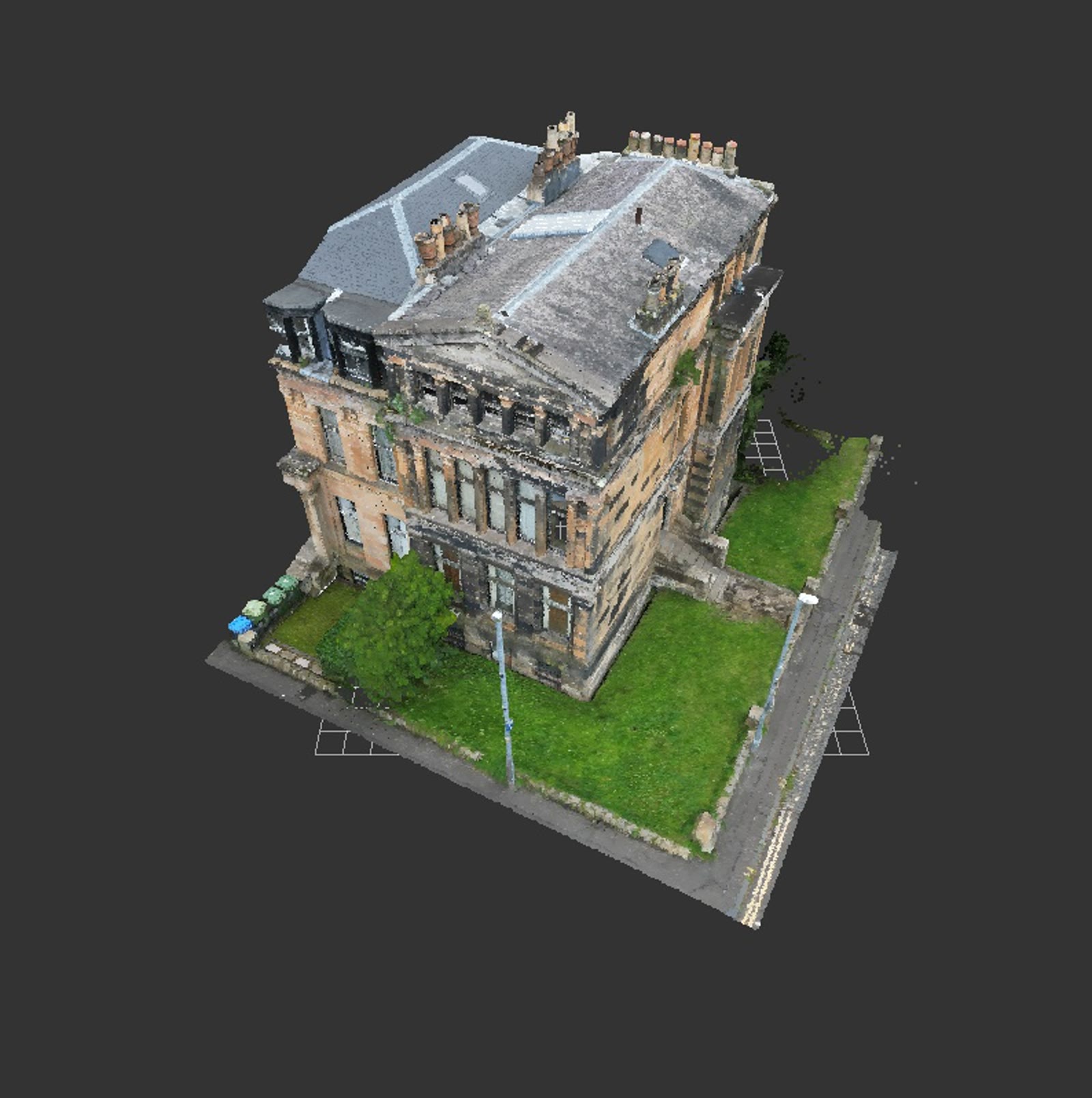 Drone photogrammetry model of the townhouse — roof, chimney heads, bay windows and garden walls
